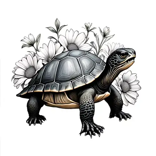 Turtle Walking Over Long Bed Of Flowers