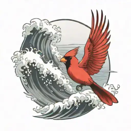 Cardinal Flying Under An Ocean Wave Breaking With A Palm Tree