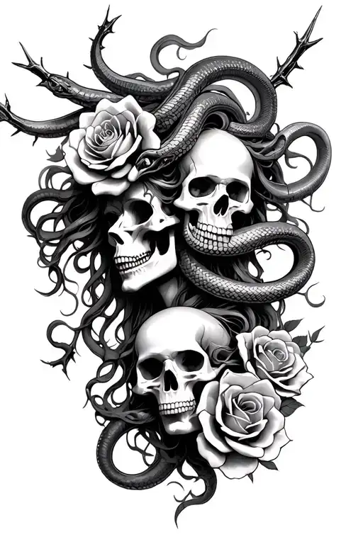 Medusa With Snakes Skulls Roses Thorns