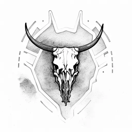 Longhorn Skull With Heron Silhouette In Centre Of Skulll