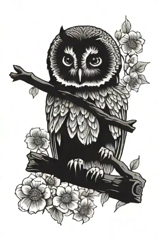 Black And Grey Owl Perched On A Branch Surrounded By Flowers