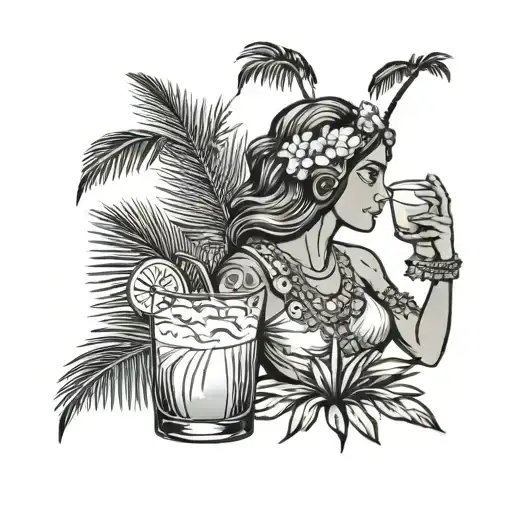 Greek Goddess Drinking Coconut Cocktail With Palm Leaves
