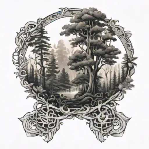 Forest Scene With Hidden Symbols Intertwined