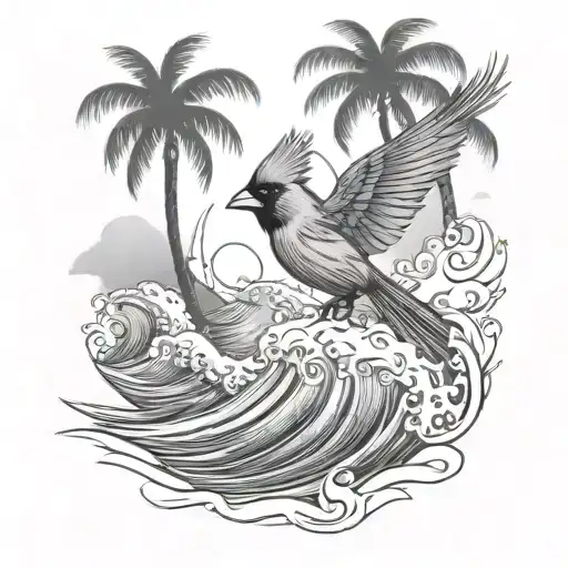 Cardinal Flying Under An Ocean Wave With Palm Tree Background