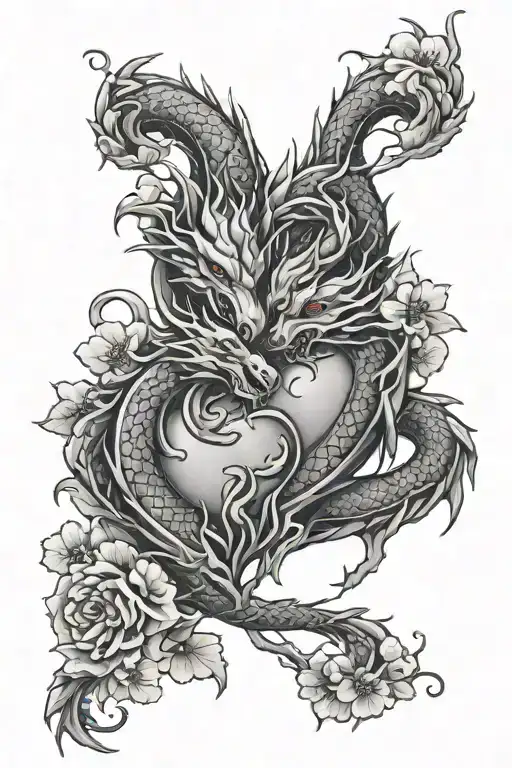 Two Dragon Heart Intertwined With Sakura Flowers