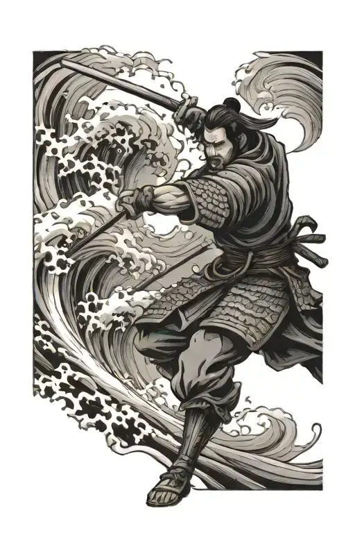 Samurai Warrior Battling Fierce Waves And Dark