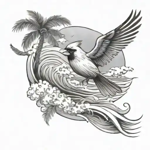 Cardinal Flying Under An Ocean Wave With Palm Tree Background