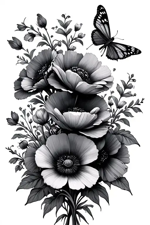 Gladious Bouquet With Poppies Blooming Butterflies And A Dragonfly