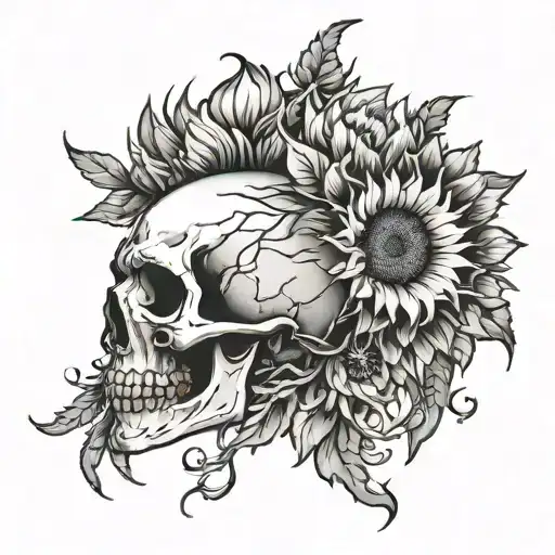 Skull With A Mohawk And Dead Sunflowers Surrounding