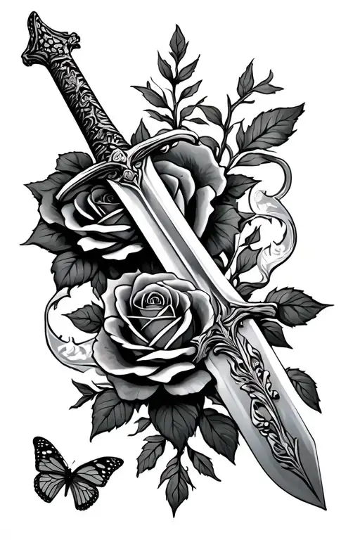 Sword With Rose And Butterfly Lower Leg