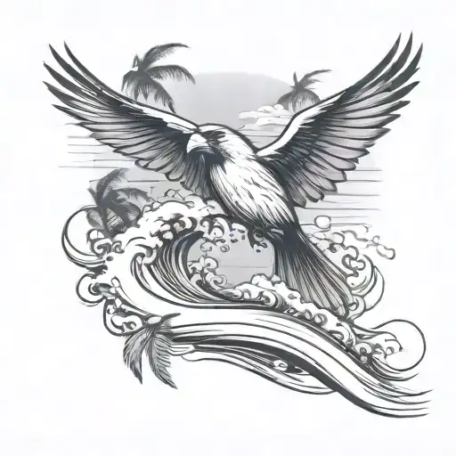 Cardinal Flying Under An Ocean Wave With Palm Tree Background