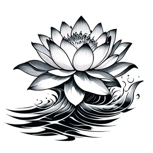 Japanese Lotus Flower And Waves Flowing