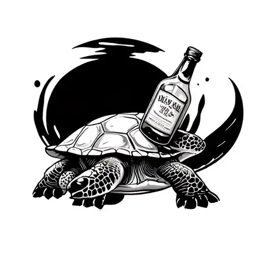 A Marine Turtle With A Bottle Of Rum In A Cartoon Style In The Hands