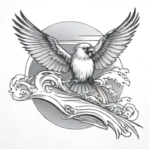 Cardinal Flying Under An Ocean Wave With Palm Tree Background