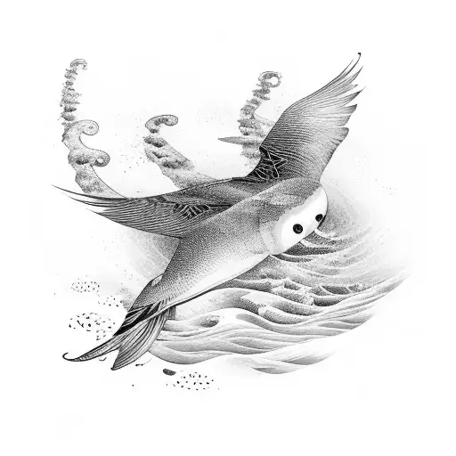 A Unique Design Combining A Piano Keyboard With Waves Of The Ocean And Flying Swallows