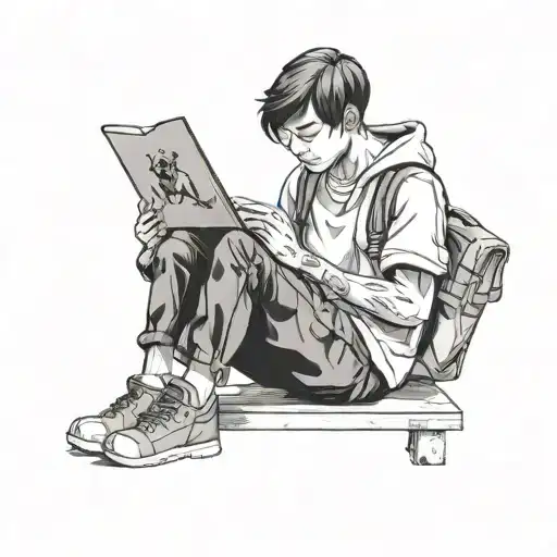 A Black-grey Tattoo Of A Student Studying With Their Dog By Their Side