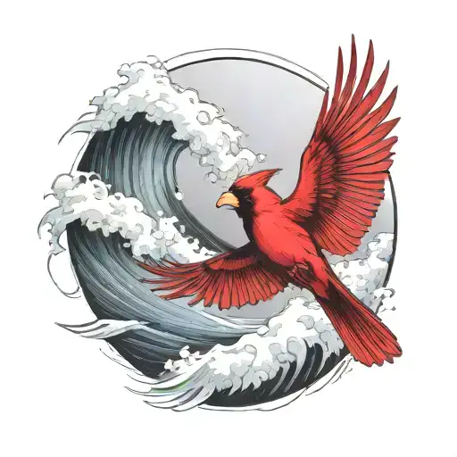 Cardinal Flying Under An Ocean Wave Breaking With A Palm Tree