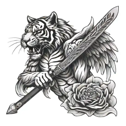 Roaring Tiger Head Angel Holding A Katana Surrounded
