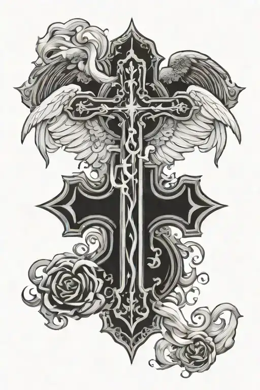 Gothic Cross Tatto With Angels Flying