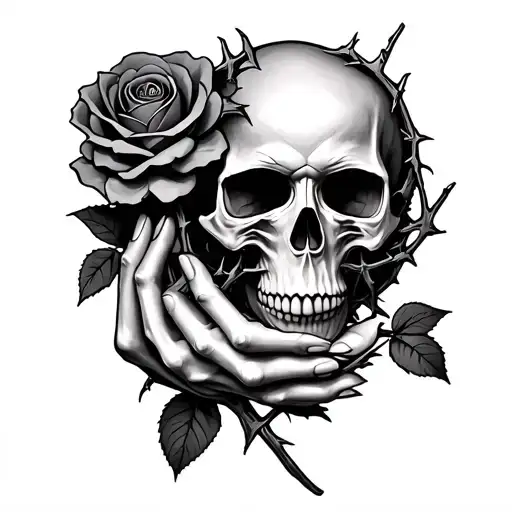 Skull Hand Wrapped In Thorns Holding A Rose Intertwined