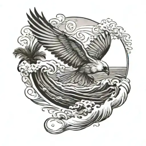 Flying Cardinal Under Ocean Wave Breaking With A Palm Tree