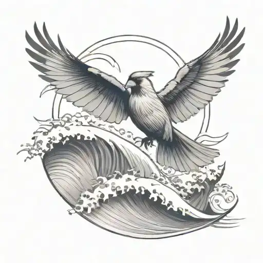 Cardinal Flying Under An Ocean Wave With Palm Tree Background