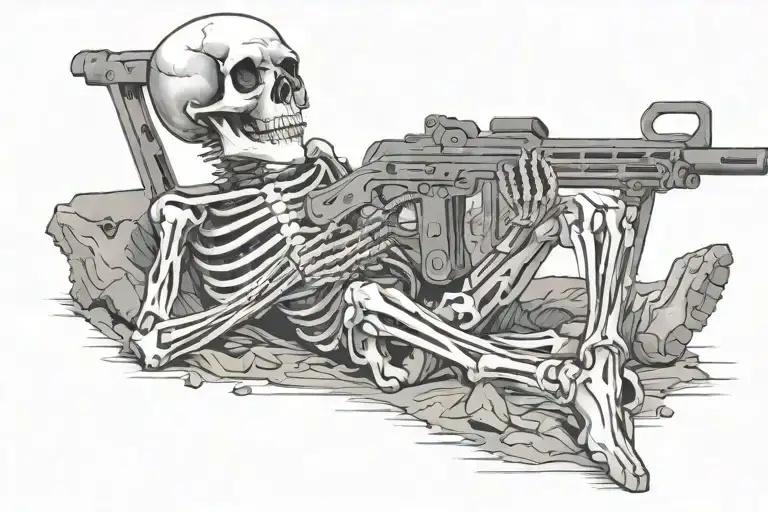 Skeleton Sitting On The Ground Holding A Rifle
