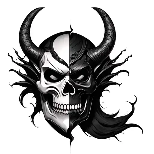 Realistic Oni Mask Split In Half With Skull