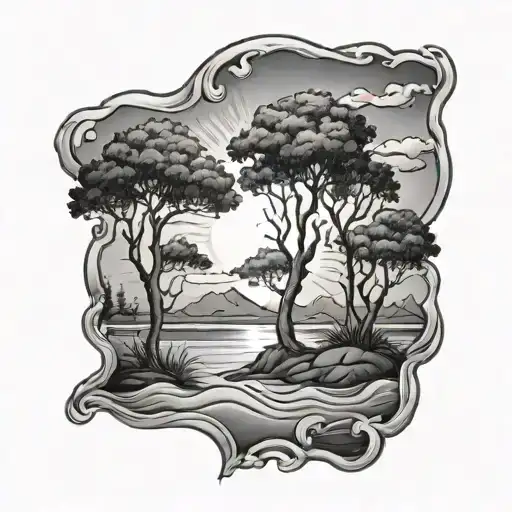 Trees In Beach With Sun Setting