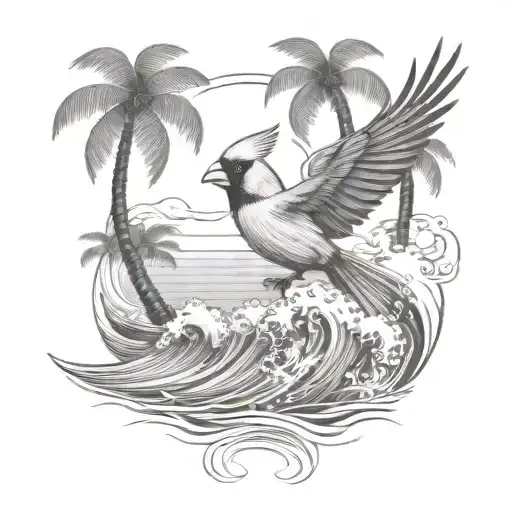Cardinal Flying Under An Ocean Wave With Palm Tree Background