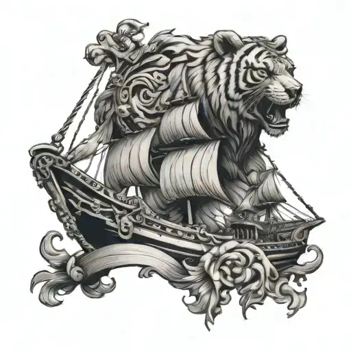 A Ship With A Bear Figurehead And Tiger Prow Ornament