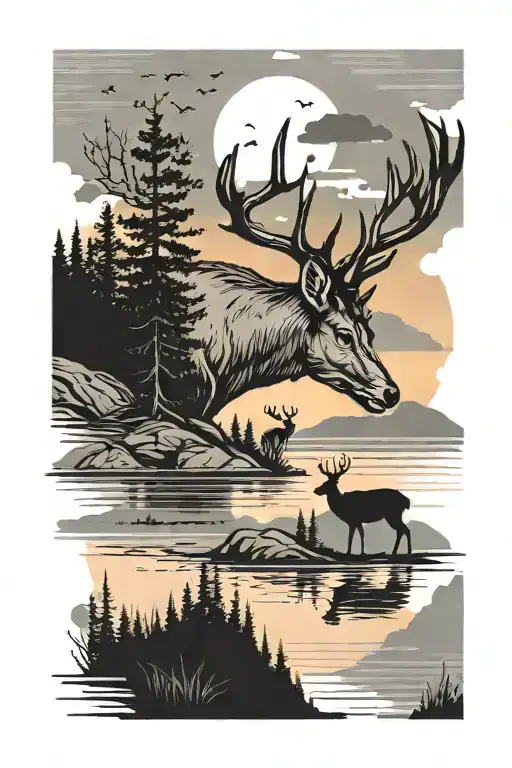 Deer In Mountains With Trees Colors Sunset Over Lake