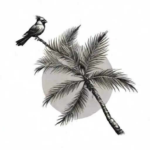 Flying Cardinal Under A Palm Tree