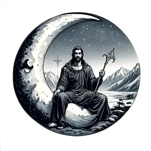 A Man With A Staff Sitting On A Crescent Moon Against A Backdrop Of Snowy Mountains And A Starry Sk