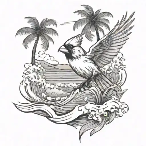 Cardinal Flying Under An Ocean Wave With Palm Tree Background
