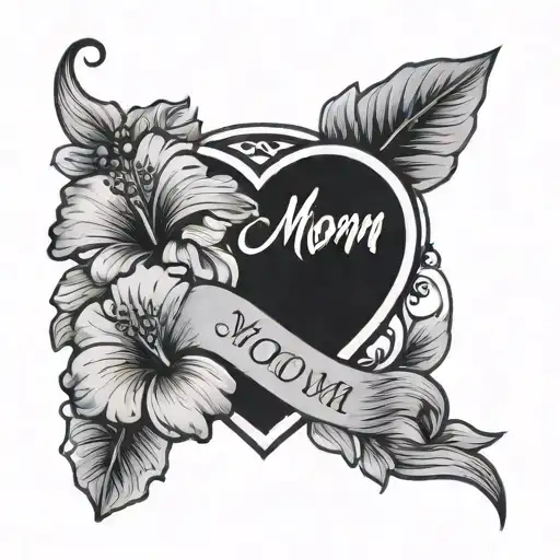 Hibiscus Flower Around A Heart Saying Mom On Ribbon