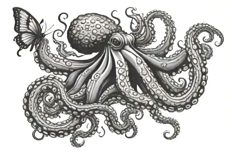 Octopus With Trident And Butterfly