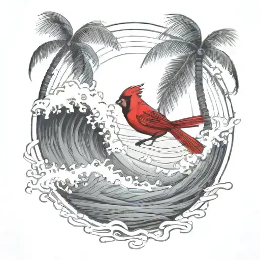 Cardinal Flying Under An Ocean Wave With Palm Tree Background