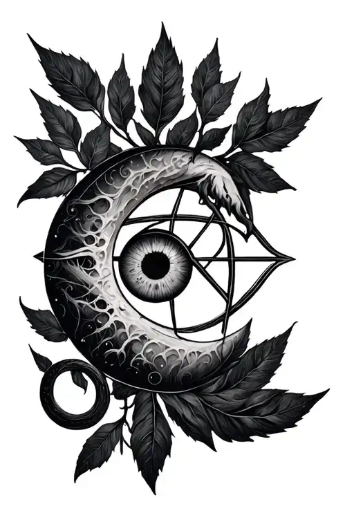 Pentagram Eye Leaves Crescent Moon Intertwined