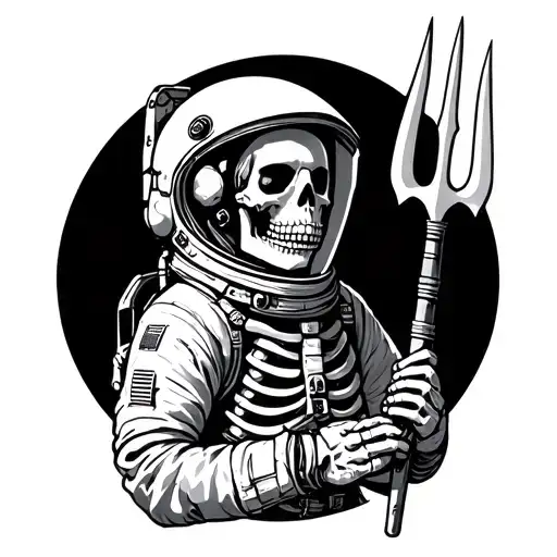 A Skeleton Astronaut With Headshot Ratio And Holding A Trident