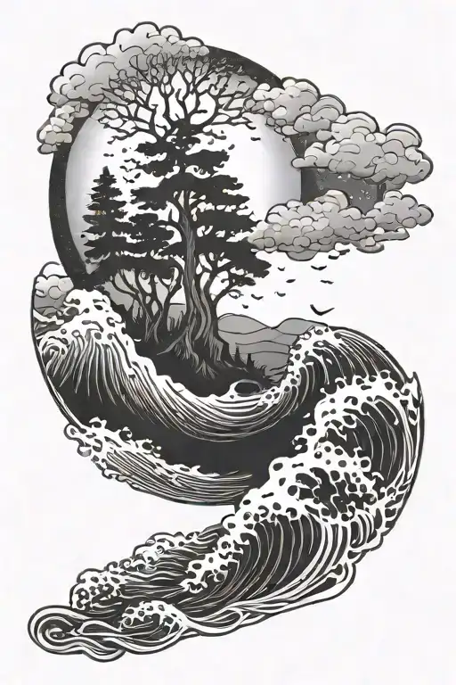 Half Moon With Trees And Waves Crashing