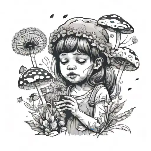 The Little Girl Blowing On A Dandelion Making A Wish Surrounded By Flowers And Mushrooms