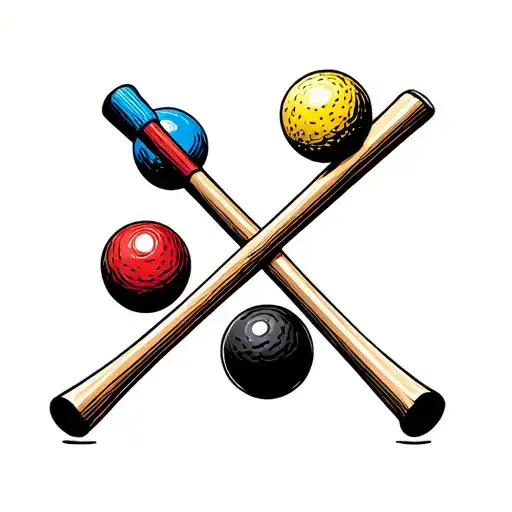 Croquet Mallets Crossed With 4 Balls In Order Of Blue Red Black Yellow