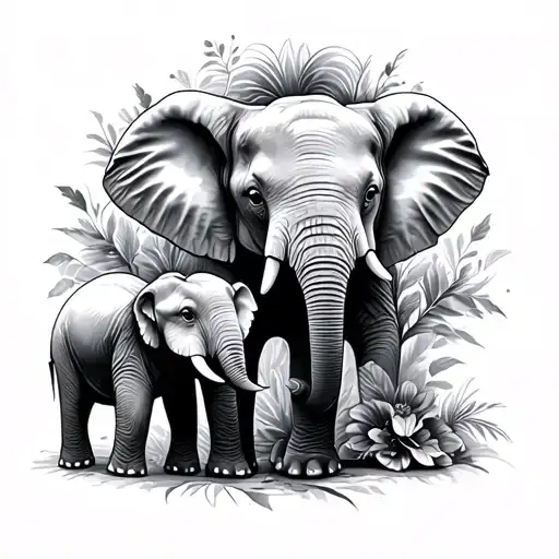 Mom Elephant And A Baby Elephant On Each Side