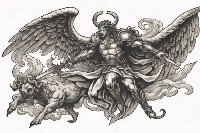 Angel Flying Down From The Heavens Spearing A Demon With Their Sword