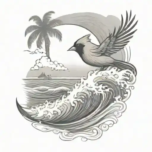 Cardinal Flying Under An Ocean Wave With Palm Tree Background