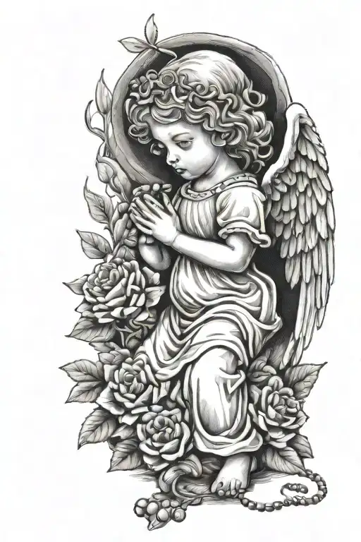 Baby Girl Angel Kneeling In Prayer With Rosary In Flower Bed
