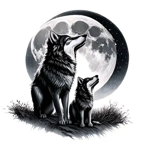 Wolf And A Baby Wolf Howling At The Moon
