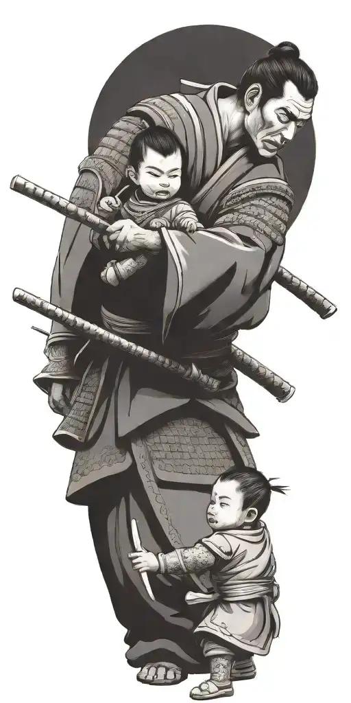Samurai In Full Armor Ready For War With 2 Children Holding His Arms To Pull Him