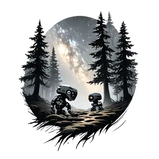 Robots In A Forest Staring Into A Galaxy